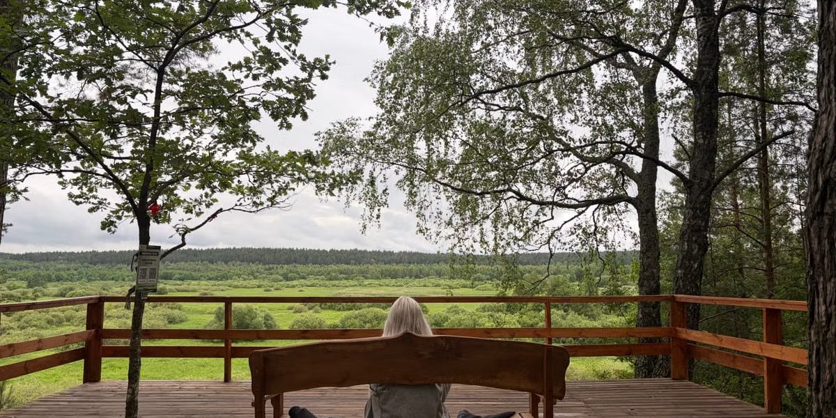 Serene scene of an individual meditating on a deck with a lush forest view.