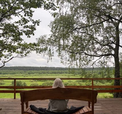 Serene scene of an individual meditating on a deck with a lush forest view.